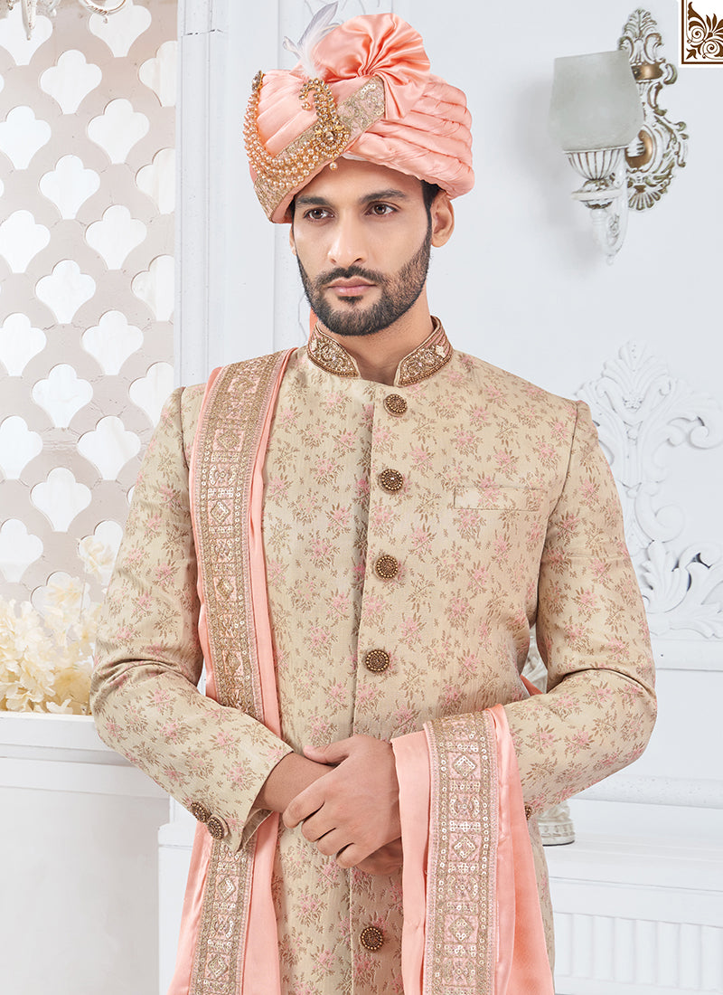 Silk Dark Cream Groom Wear Hand Work Readymade Sherwani With Turban 370303