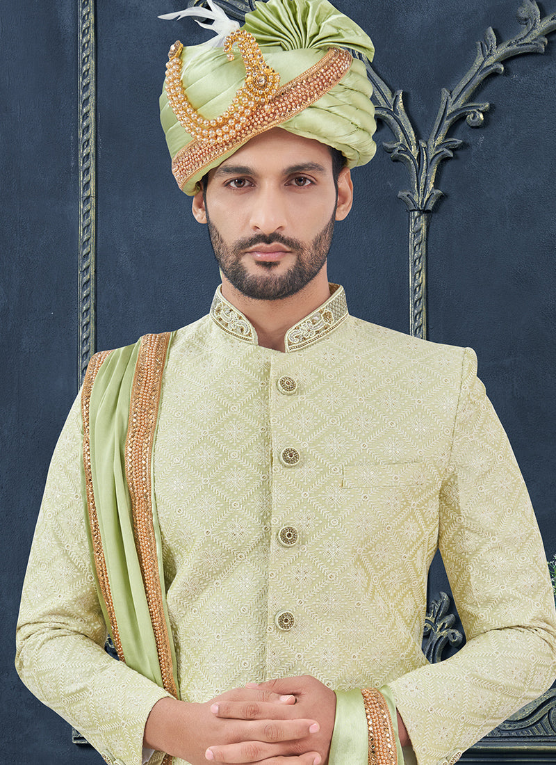 Silk Lime Green Groom Wear Hand Work Readymade Sherwani With Turban 370304
