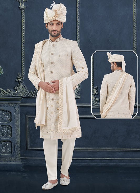 Georgette White Groom Wear Hand Work Readymade Sherwani 370306