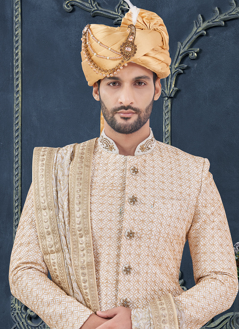 Silk Off White Groom Wear Hand Work Readymade Sherwani 370307