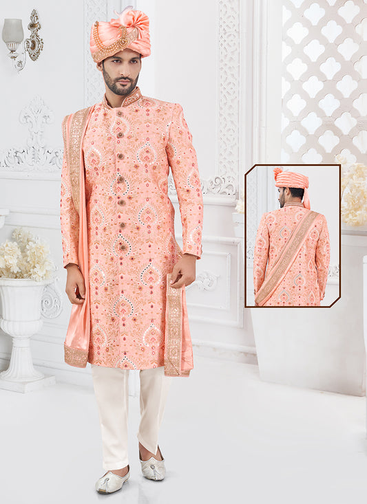 Silk Orange Groom Wear Hand Work Readymade Sherwani 370308