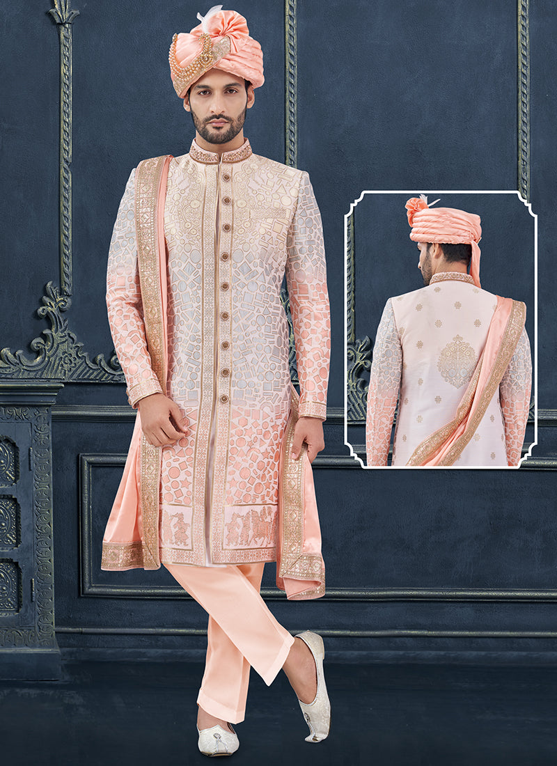 Silk Multi Color Groom Wear Hand Work Readymade Sherwani 370309