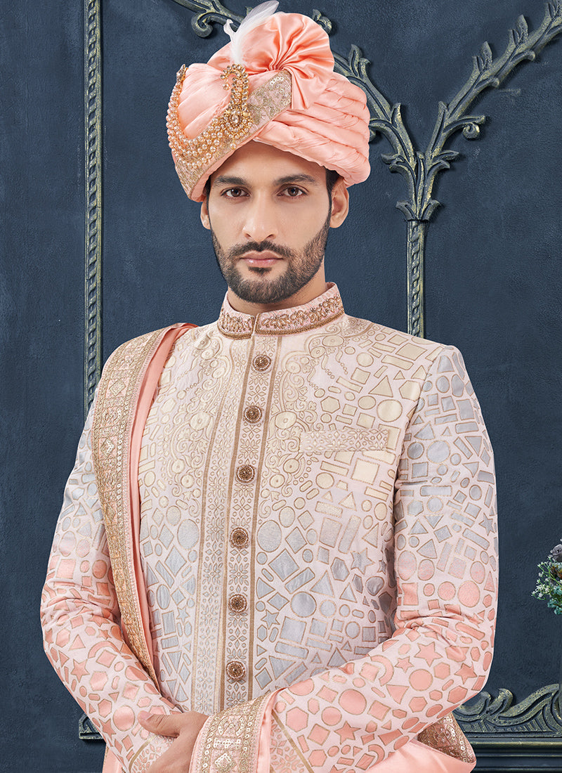 Silk Multi Color Groom Wear Hand Work Readymade Sherwani 370309