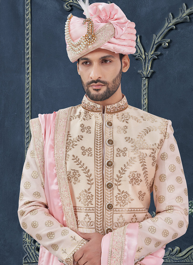 Silk Light Pink Groom Wear Hand Work Readymade Sherwani 370311