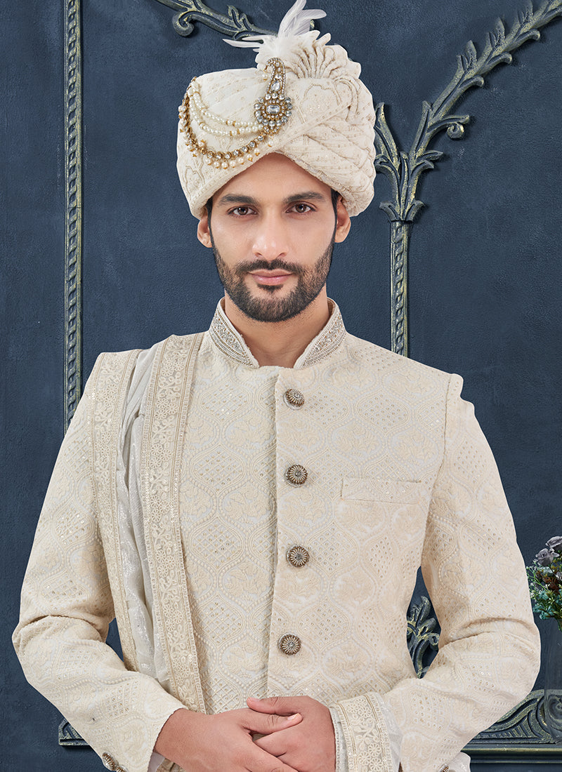 Georgette Off White Groom Wear Hand Work Readymade Sherwani 370313