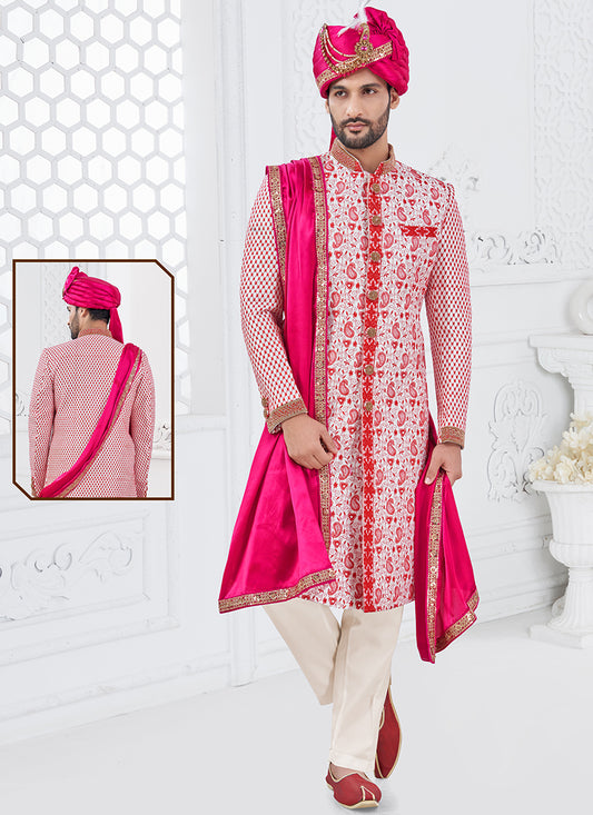 Silk Multi Color Groom Wear Hand Work Readymade Sherwani 370314