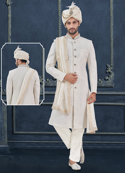 Georgette White Groom Wear Hand Work Readymade Sherwani 370315