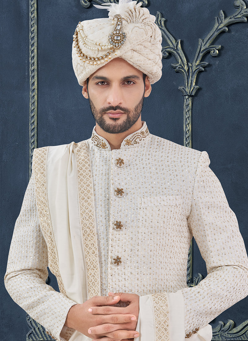 Georgette White Groom Wear Hand Work Readymade Sherwani 370316