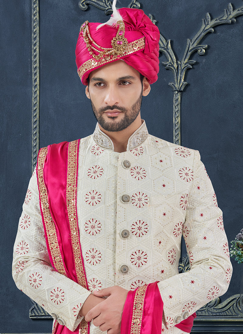 Georgette Off White Groom Wear Hand Work Readymade Sherwani 370318