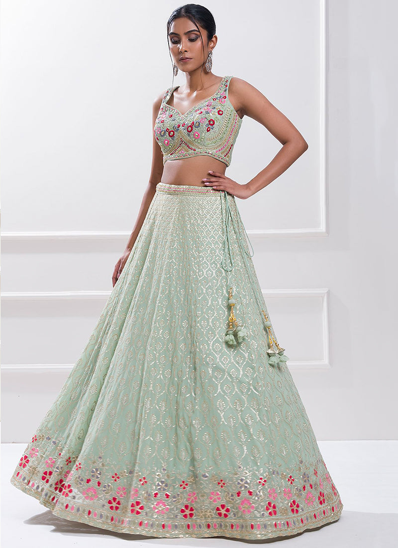 Georgette Mint Green Lehenga Choli with Embroidery Work for Designer Wear