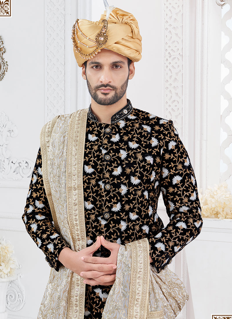 Silk Black Groom Wear Hand Work Readymade Sherwani 370320