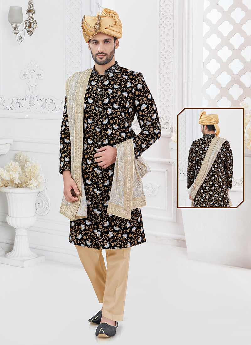 Silk Black Groom Wear Hand Work Readymade Sherwani 370320