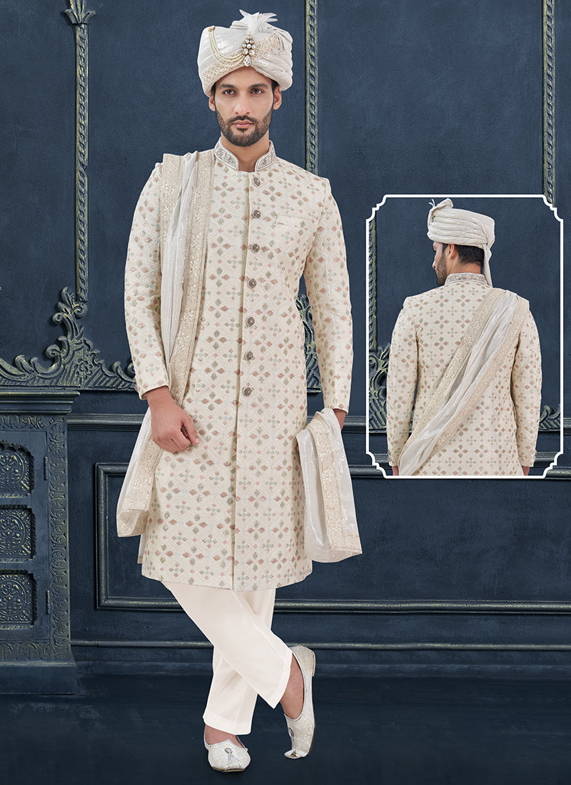 Silk Light Cream Groom Wear Hand Work Readymade Sherwani 370321