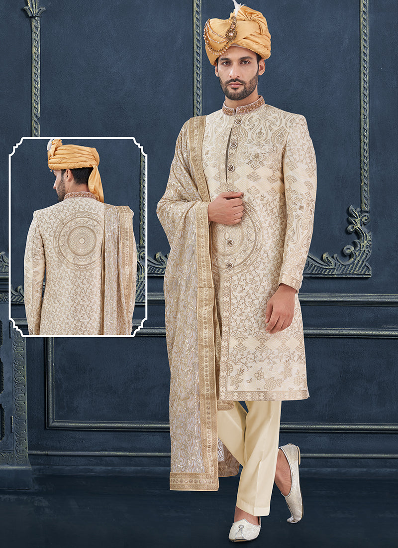 Jacquard Cotton Silk Cream Groom Wear Hand Work Readymade Sherwani 370322
