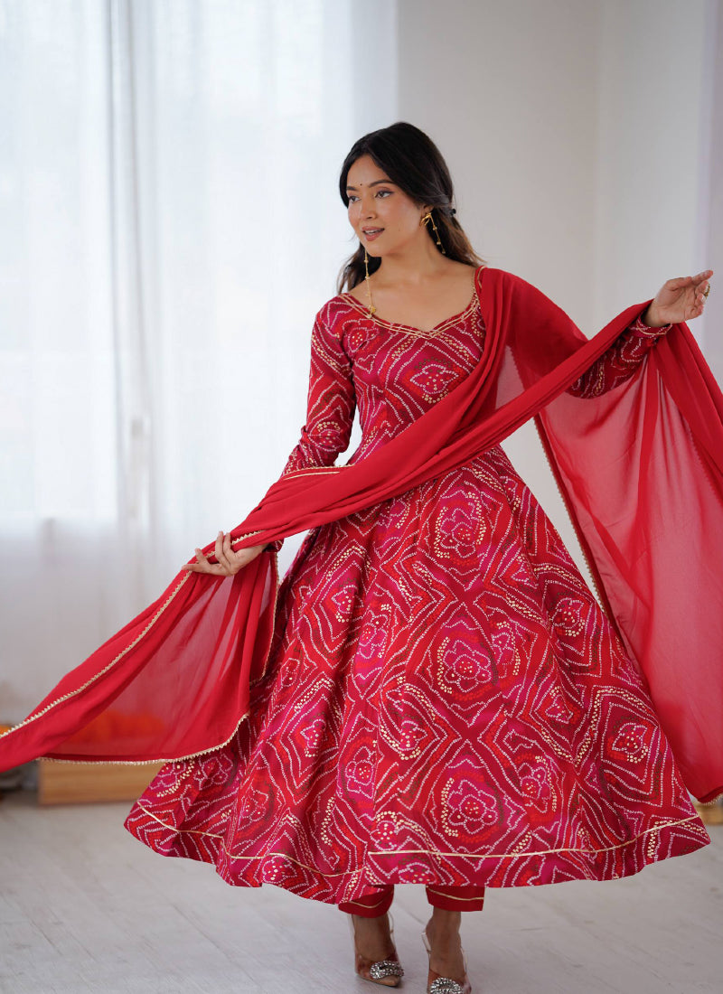 Viscose Rayon Red Festival Wear Bandhani Print Readymade Anarkali Gown 385968