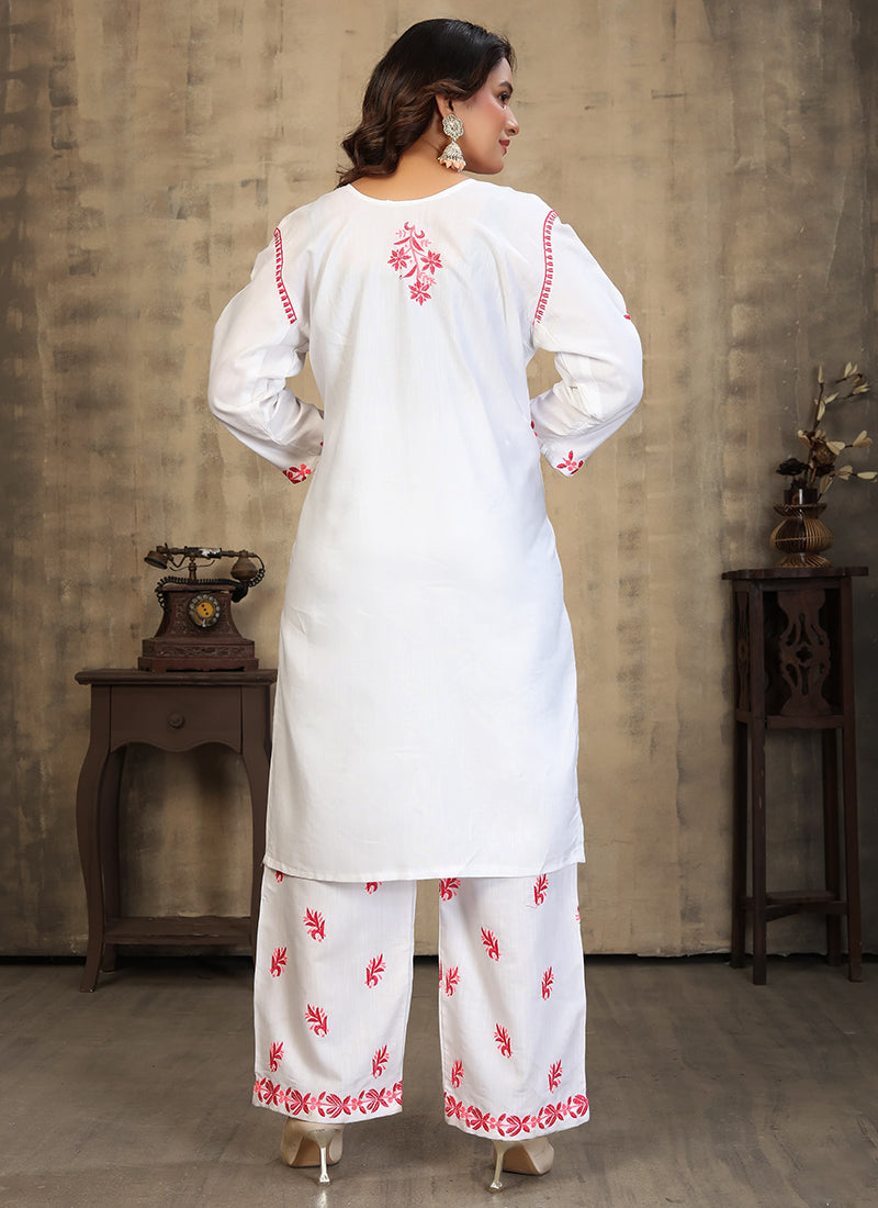 Rayon White Casual Wear Chikankari Embroidery Readymade Cord Set 375415