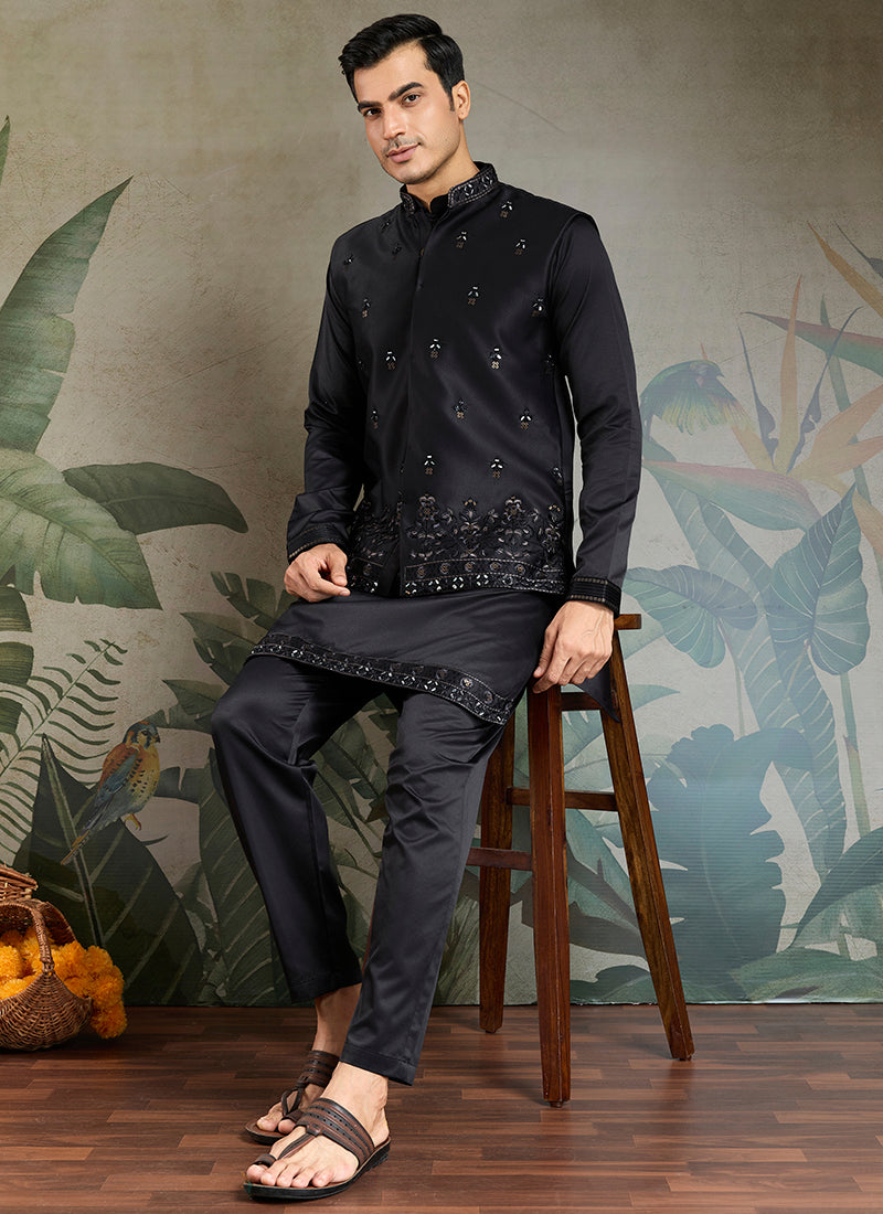 Silk Black Party Wear Embroidery Work Readymade Kurta Pajama With Jacket