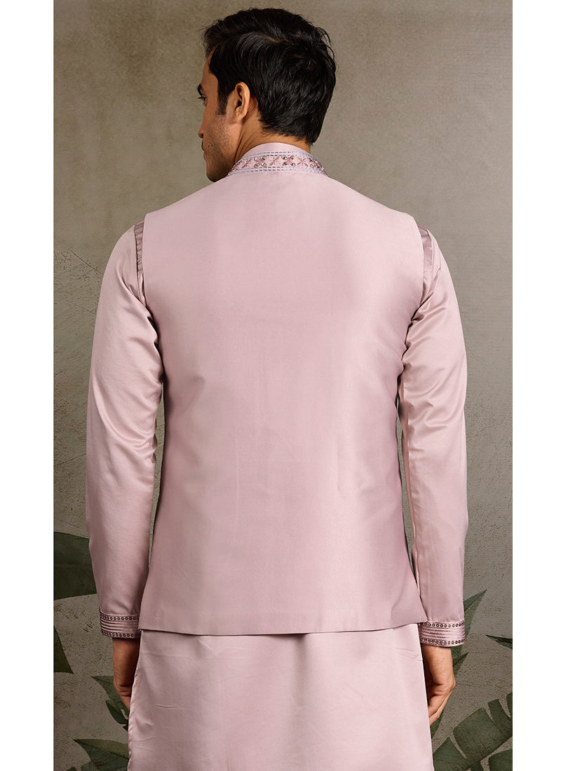Silk Pink Party Wear Embroidery Work Readymade Kurta Pajama With Jacket