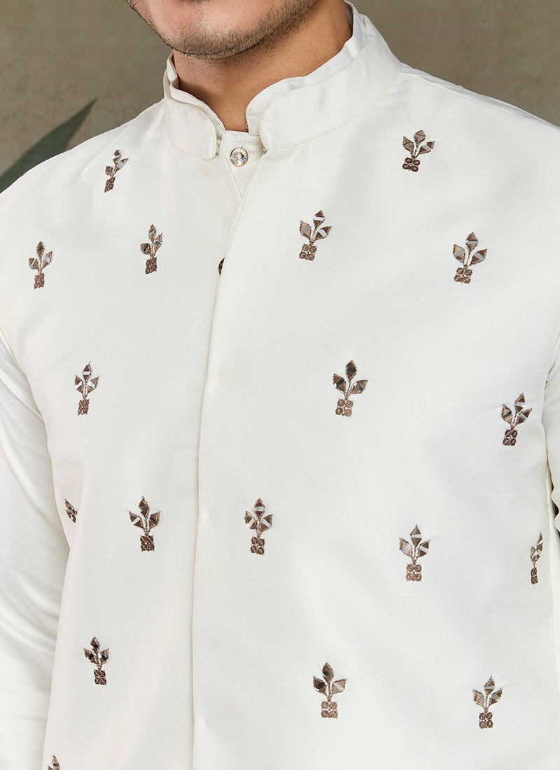 Silk White Party Wear Embroidery Work Readymade Kurta Pajama With Jacket