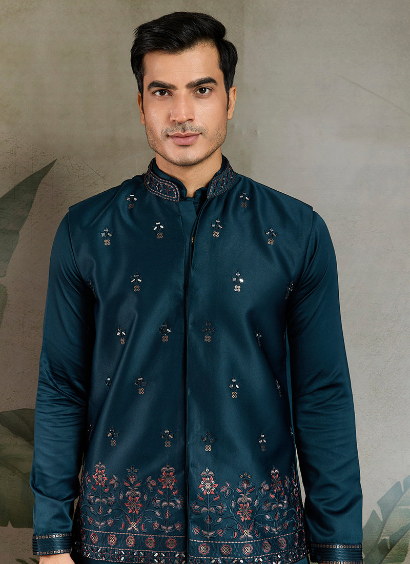 Silk Navy Blue Party Wear Embroidery Work Readymade Kurta Pajama With Jacket