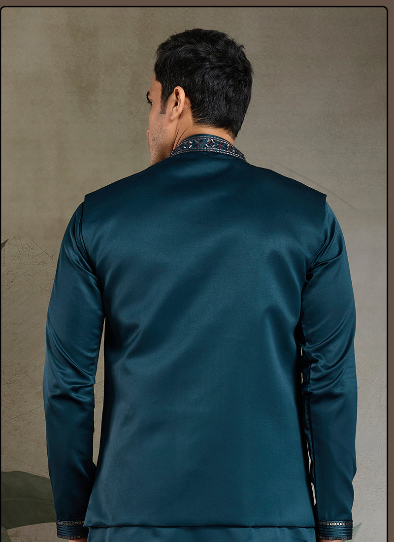 Silk Navy Blue Party Wear Embroidery Work Readymade Kurta Pajama With Jacket