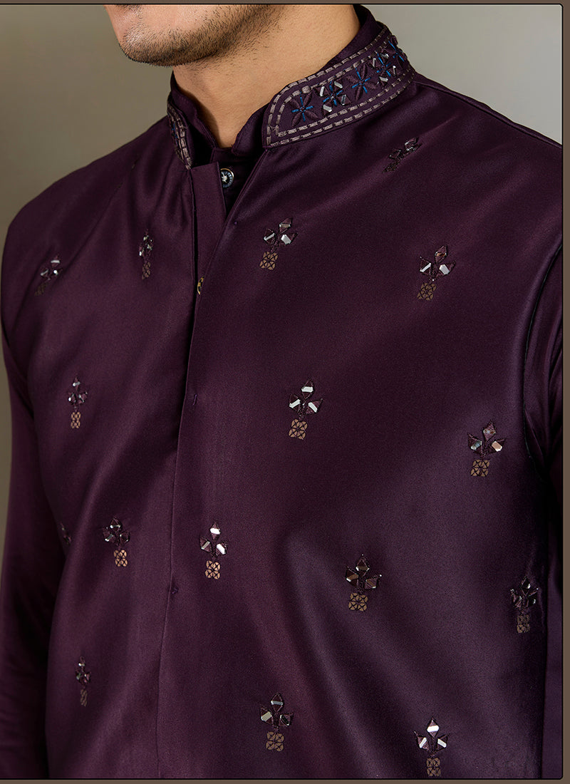 Silk Wine Party Wear Embroidery Work Readymade Kurta Pajama With Jacket