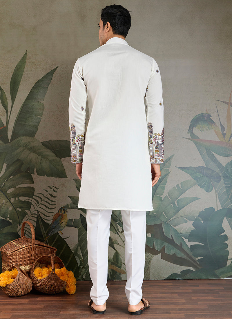 Viscose Silk Ivory White Party Wear Embroidery Work Readymade Kurta With Dupatta 377159
