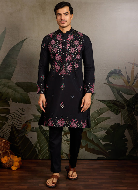 Viscose Silk Black Festival Wear Mirror Work Readymade Kurta