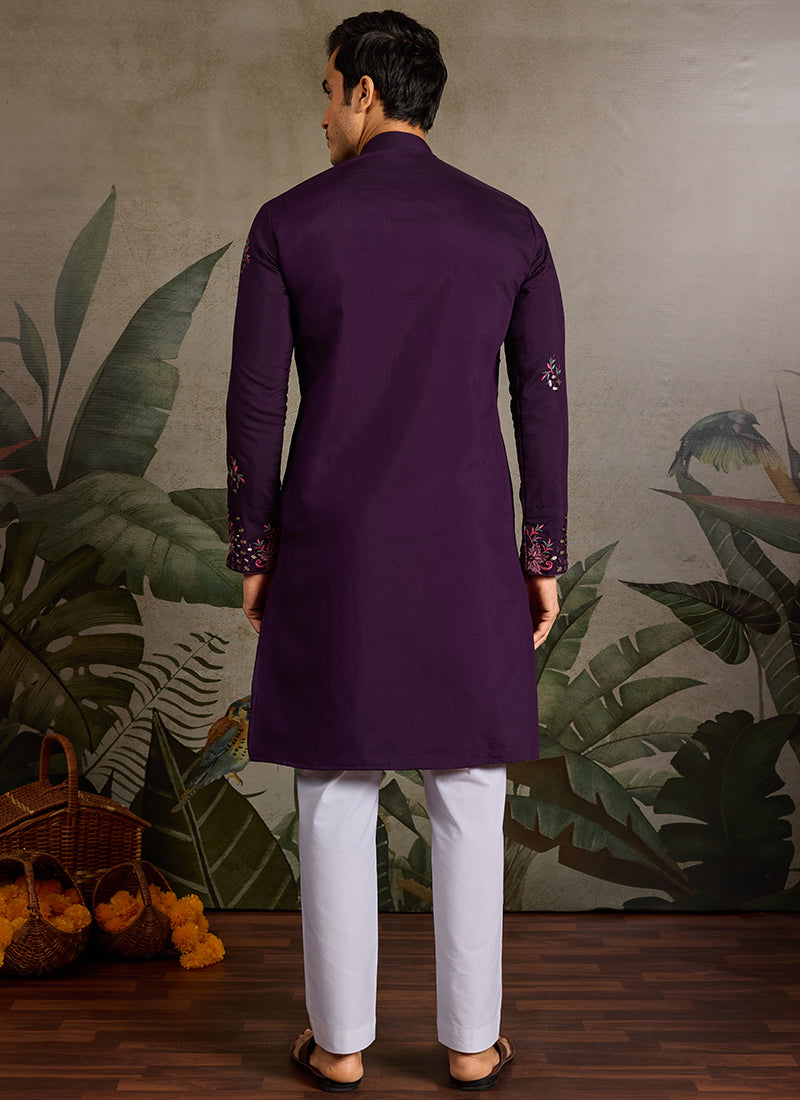 Viscose Silk Purple Festival Wear Mirror Work Readymade Kurta