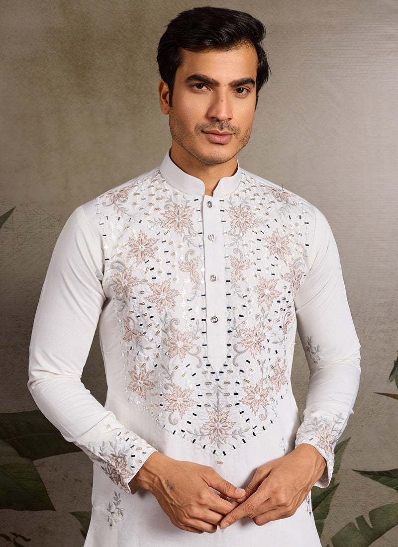 Viscose Silk White Festival Wear Mirror Work Readymade Kurta