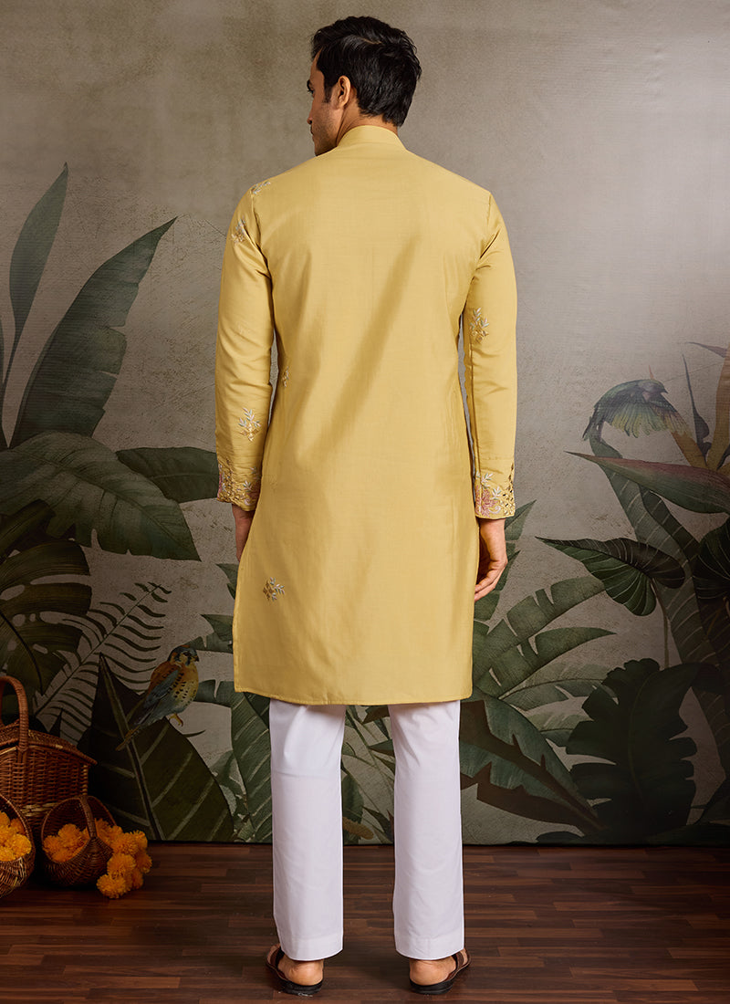 Viscose Silk Yellow Festival Wear Mirror Work Readymade Kurta