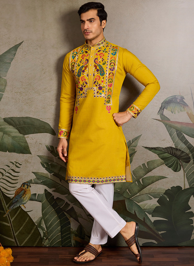 Viscose Yellow Festival Wear Sequin Embroidery Readymade Kurta