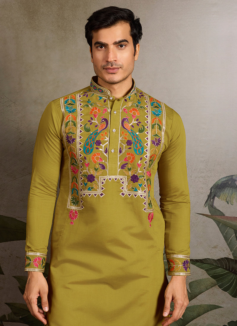 Viscose Olive Traditional Wear Sequin Work Readymade Kurta