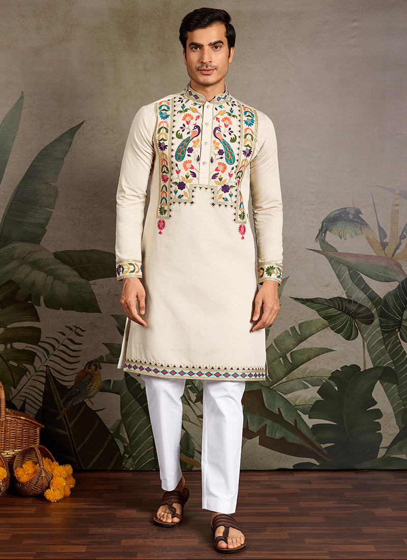 Viscose Beige Cream Festive Wear Designer Sequin Embroidery Kurta