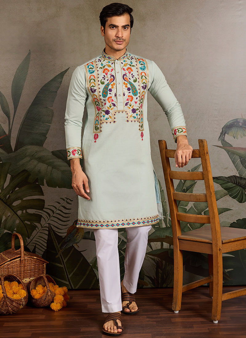 Viscose Classic Mint Traditional Sequin Work Readymade Kurta