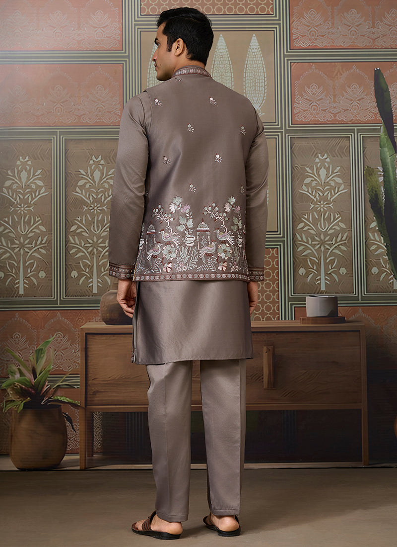Silk Grey Occasional Wear Thread Work Readymade Kurta Pajama With Jacket 386342