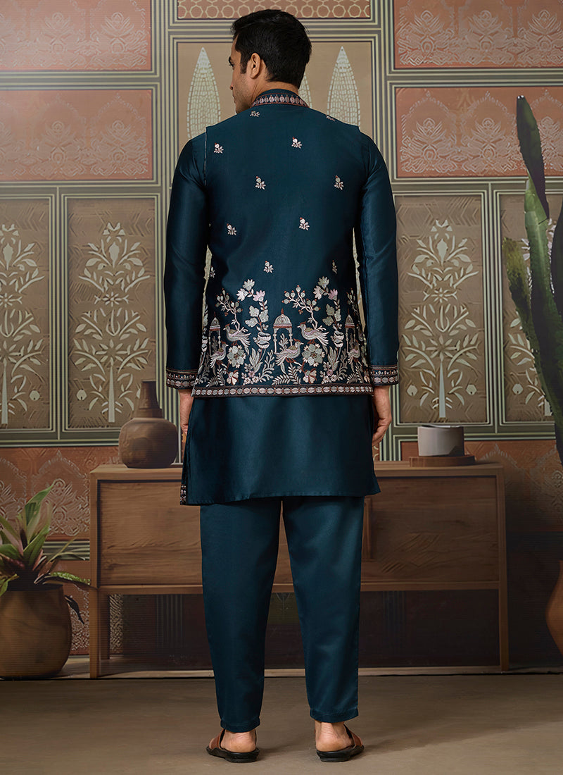 Silk Teal Blue Occasional Wear Thread Work Readymade Kurta Pajama With Jacket 386343