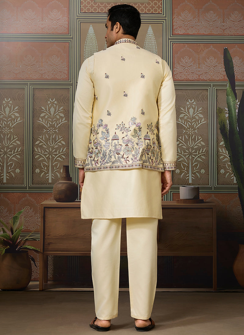 Silk Light Yellow Occasional Wear Thread Work Readymade Kurta Pajama With Jacket 386344