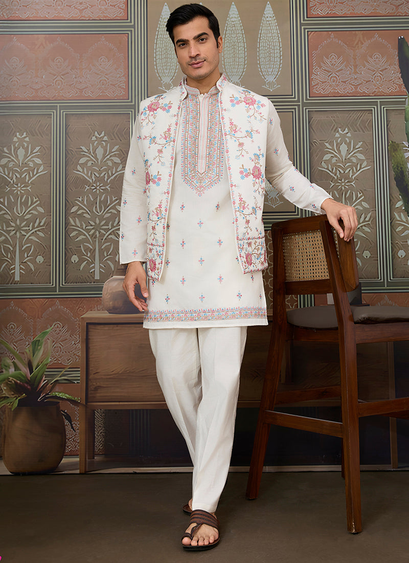 Viscose Silk White Festive Wear Embroidery Work Readymade Kurta Pajama With Jacket