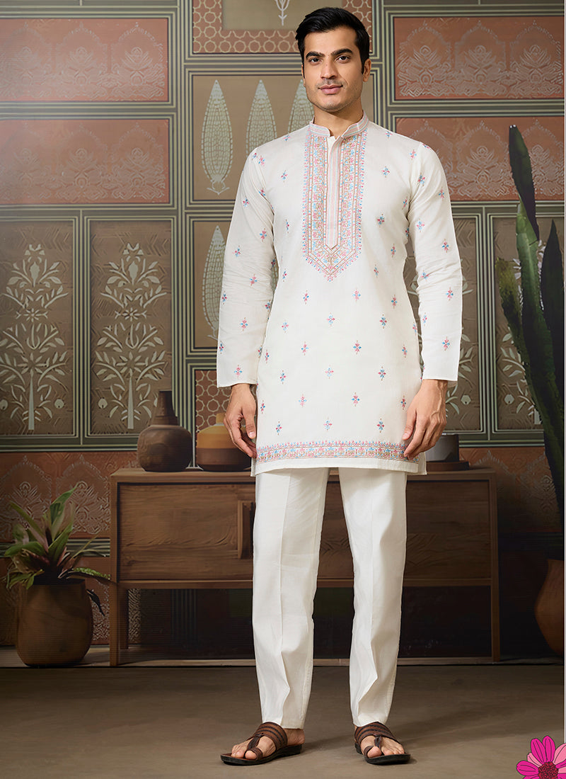Viscose Silk White Festive Wear Embroidery Work Readymade Kurta Pajama With Jacket