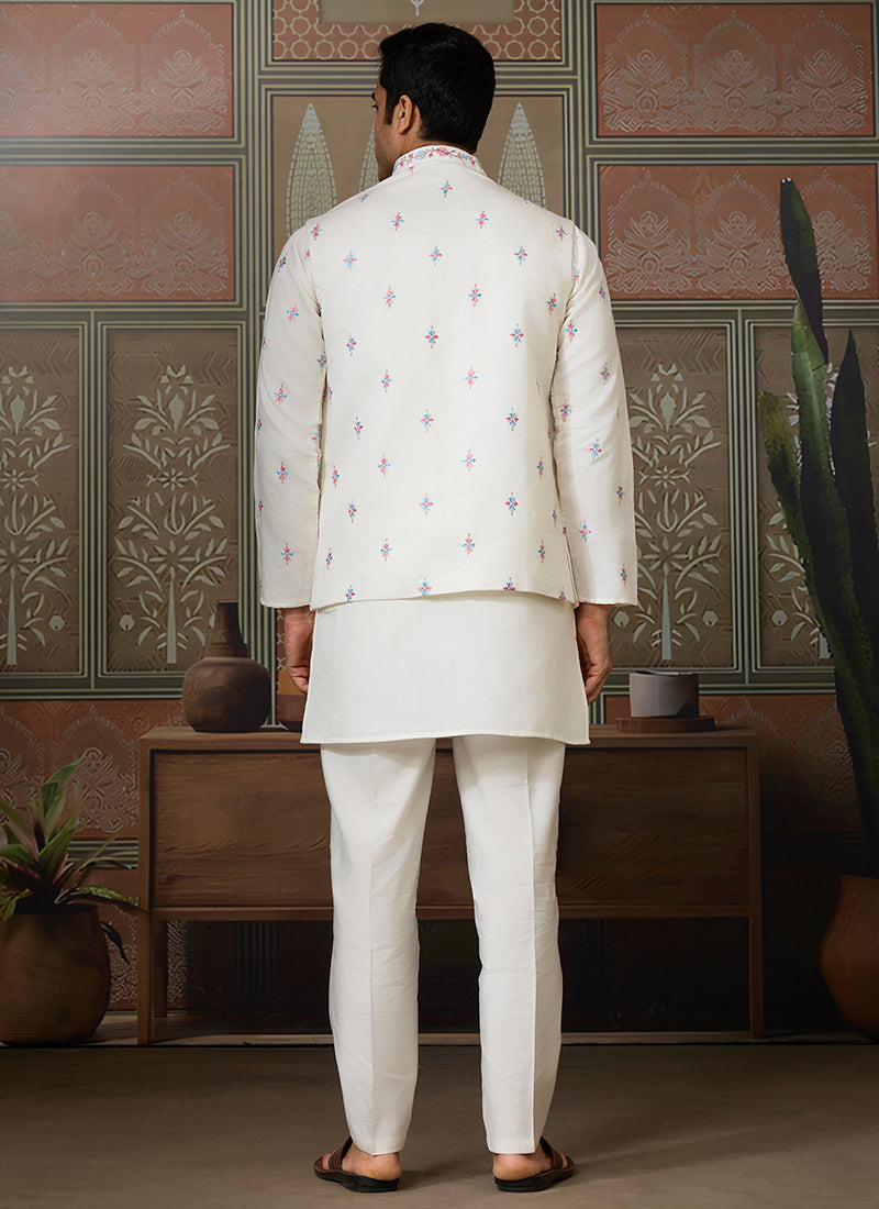 Viscose Silk White Festive Wear Embroidery Work Readymade Kurta Pajama With Jacket
