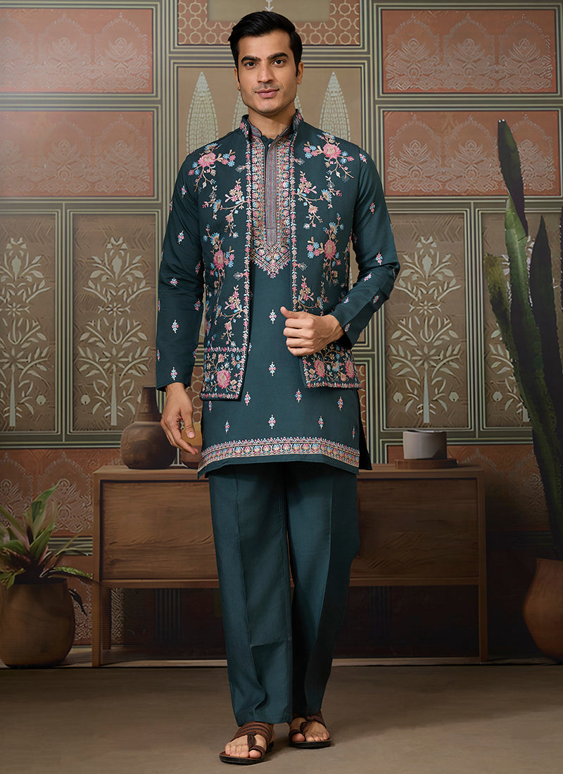Viscose Silk Teal Festive Wear Embroidery Work Readymade Kurta Pajama With Jacket