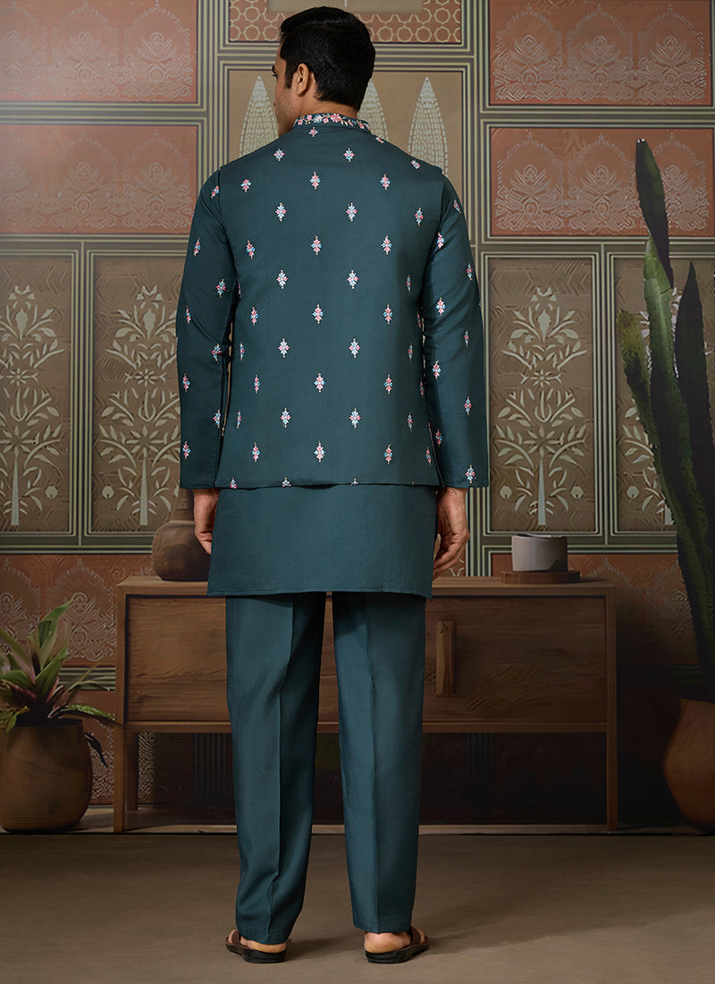 Viscose Silk Teal Festive Wear Embroidery Work Readymade Kurta Pajama With Jacket