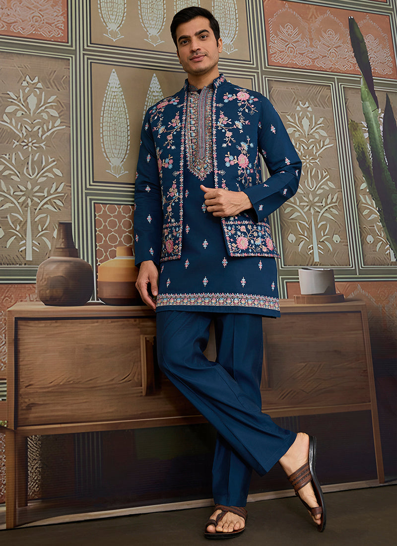 Viscose Silk Navy Blue Festive Wear Embroidery Work Readymade Kurta Pajama With Jacket