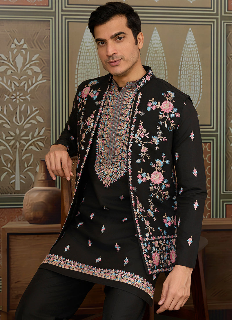 Viscose Silk Black Party Wear Embroidery Work Readymade Kurta Pajama With Jacket