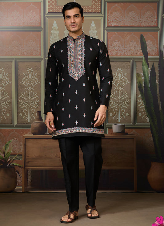 Viscose Silk Black Party Wear Embroidery Work Readymade Kurta Pajama With Jacket