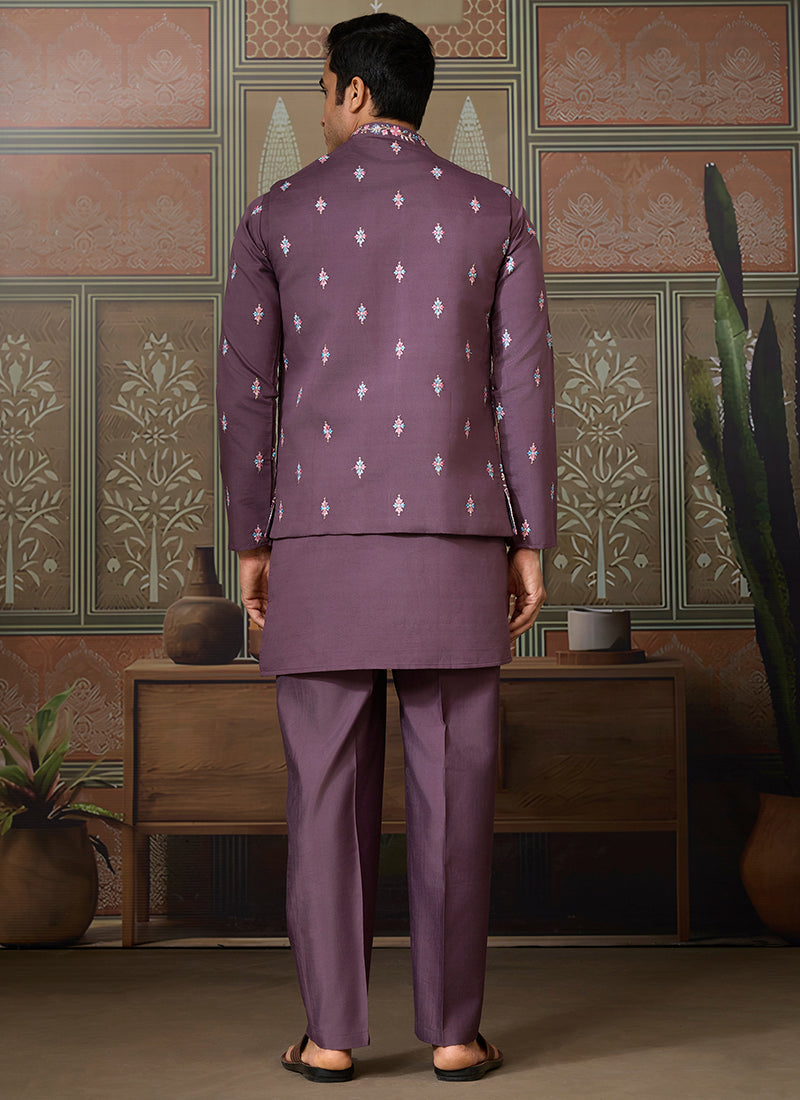 Viscose Silk Dusty Purple Festive Wear Embroidery Work Readymade Kurta Pajama With Jacket