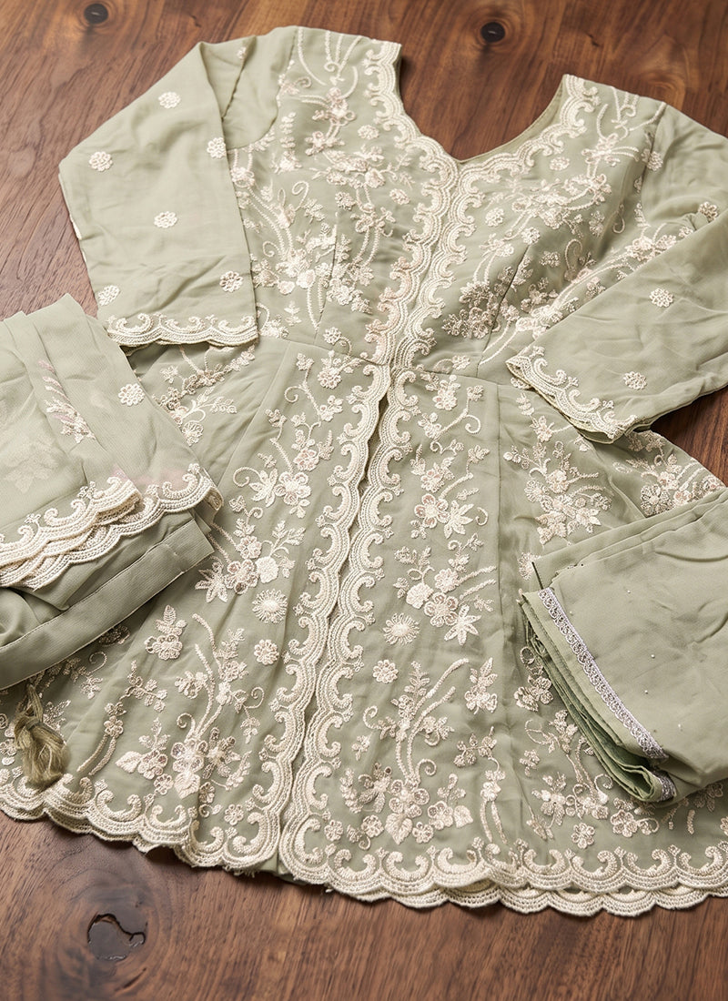 Sage Green Georgette Embroidery Work Occasional Wear Readymade Sharara Suit SW405331