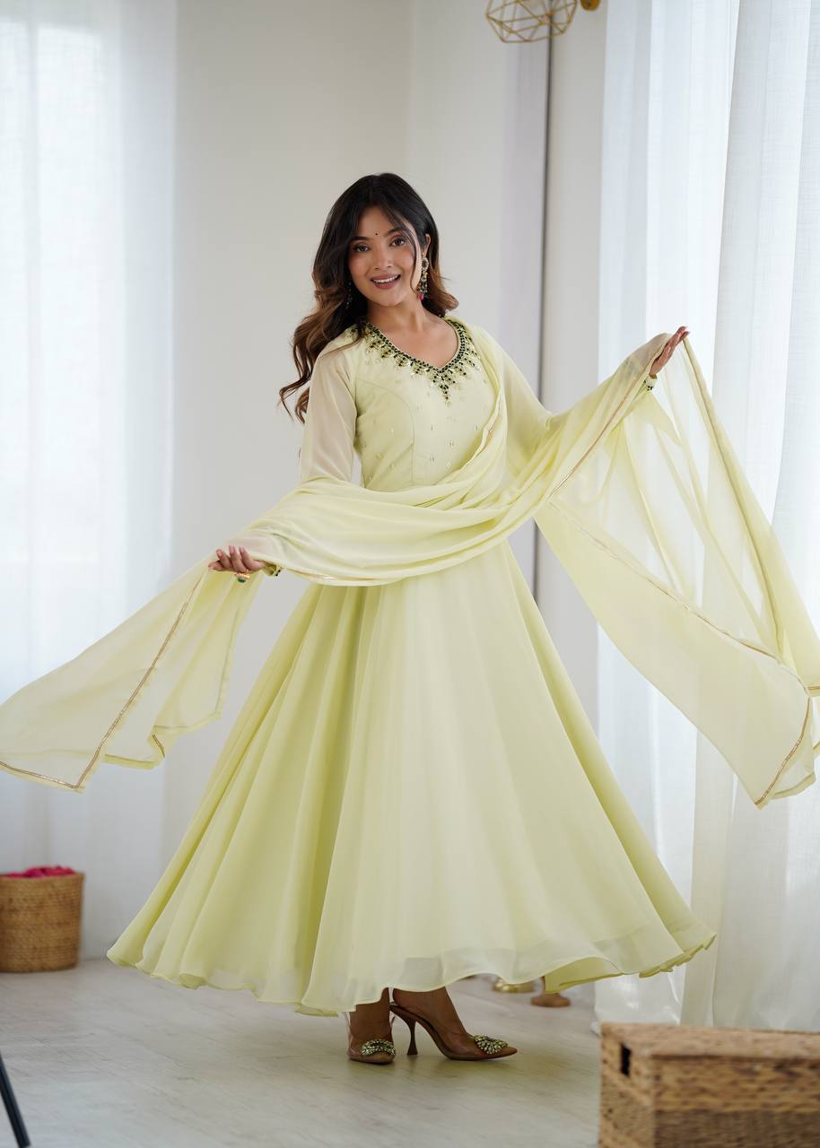 Faux Georgette Pista Festival Wear Gotta Patti Work Readymade Anarkali Gown 385969