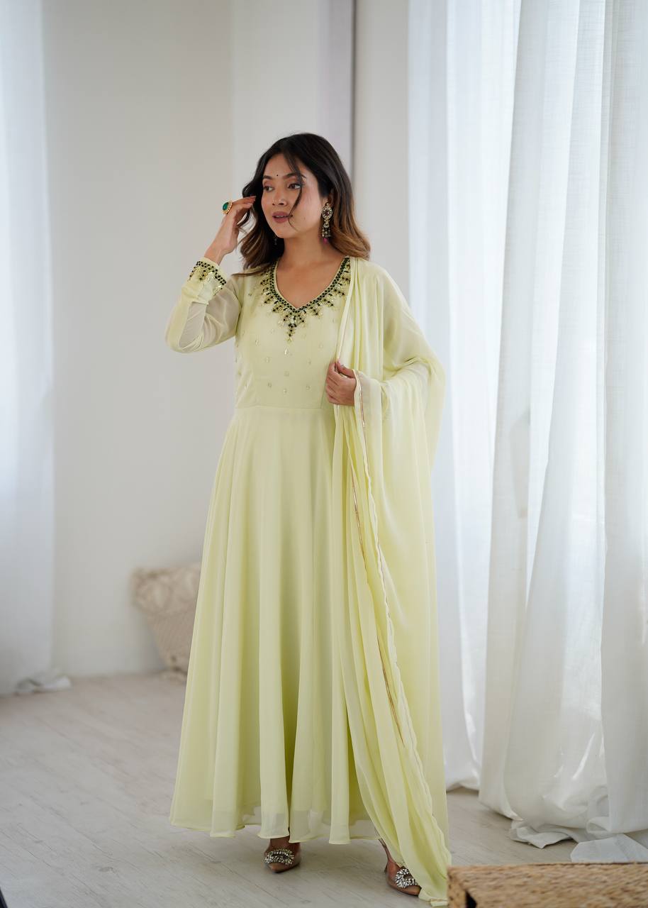 Faux Georgette Pista Festival Wear Gotta Patti Work Readymade Anarkali Gown 385969